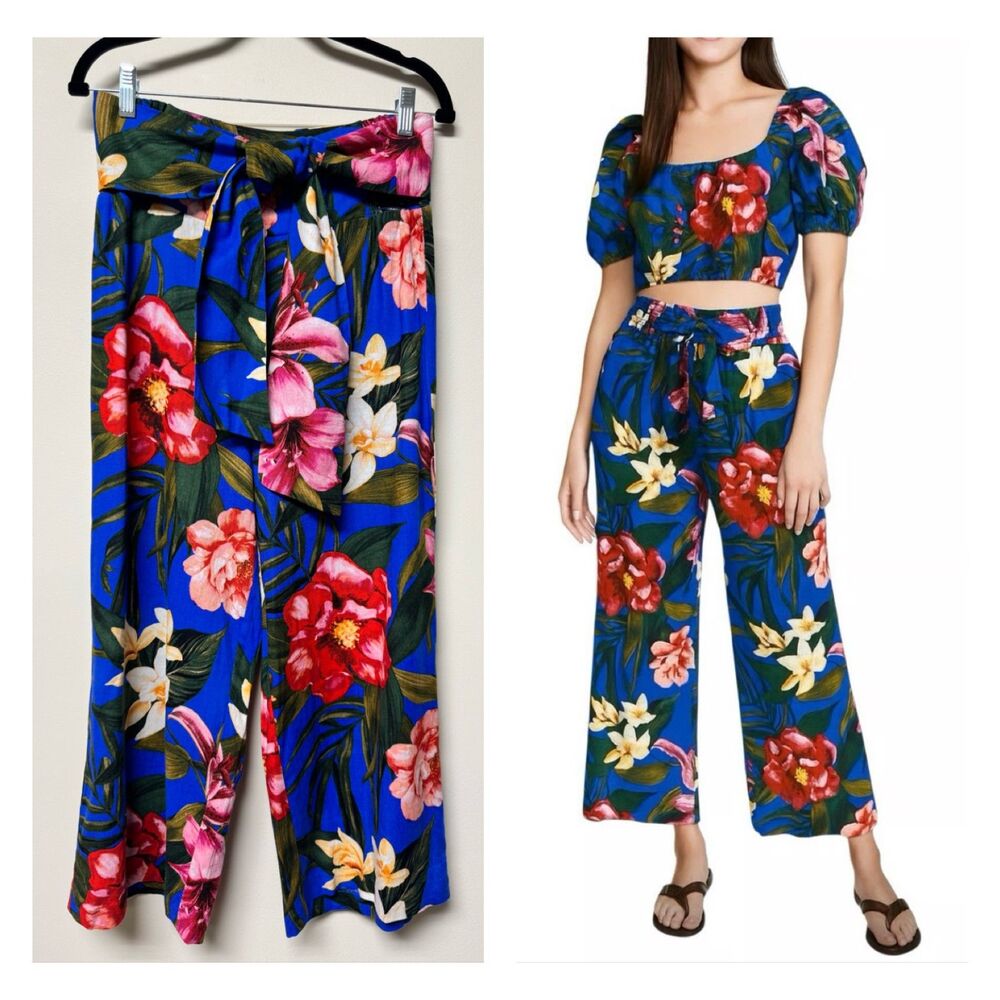 NWOT CUPCAKES and CASHMERE Linen Blend Floral/Tropical Print Tie Waist Pants, S